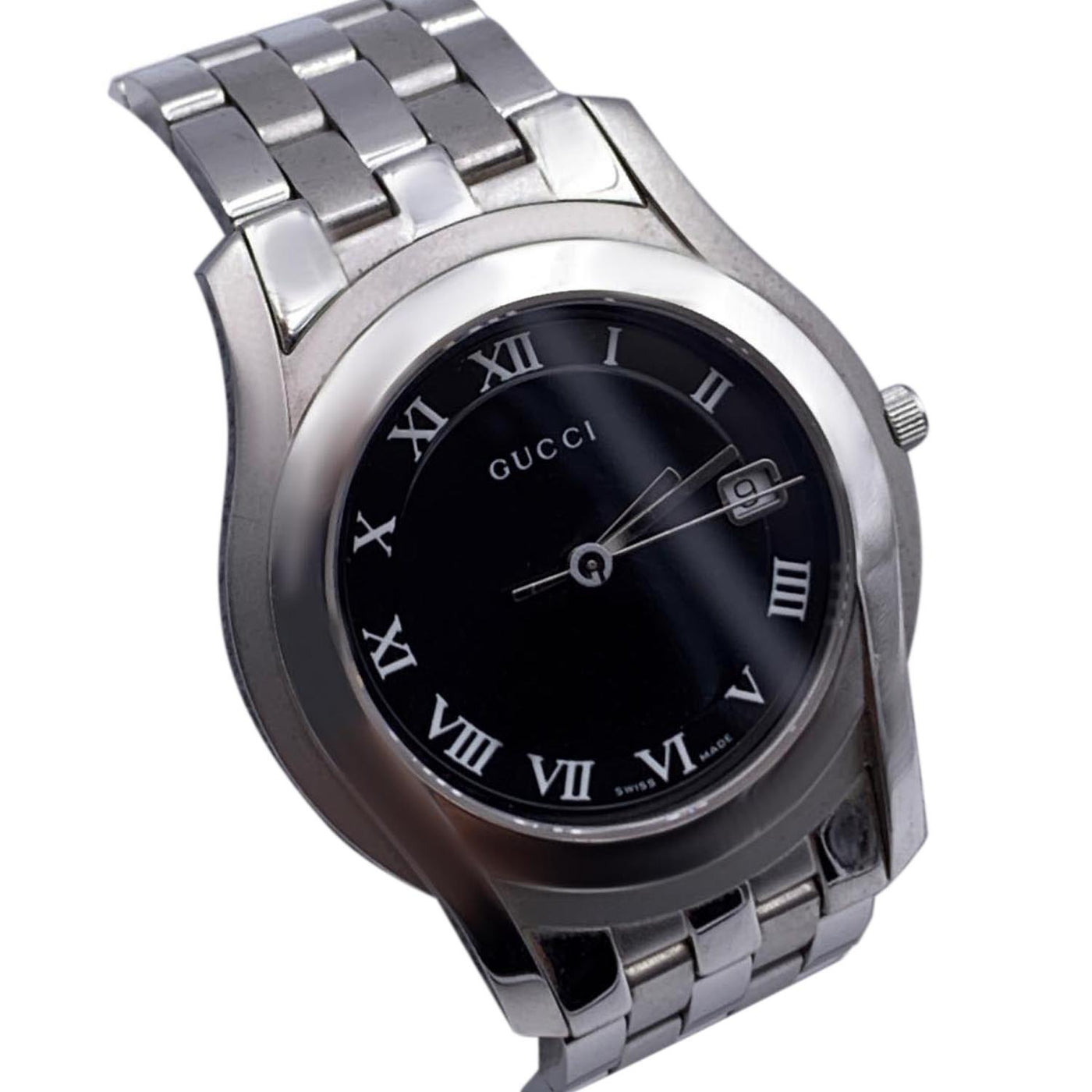 Gucci Silver Stainless Steel Mod 5500 M Quartz Wrist Watch Black