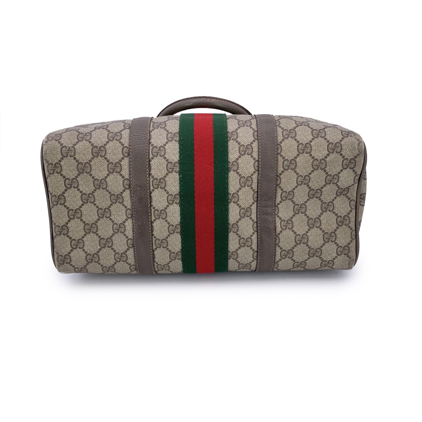 Gucci Vintage Brown Suede Web Stripes Boston Bag Handbag