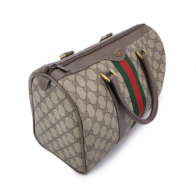 Gucci Vintage Brown Suede Web Stripes Boston Bag Handbag