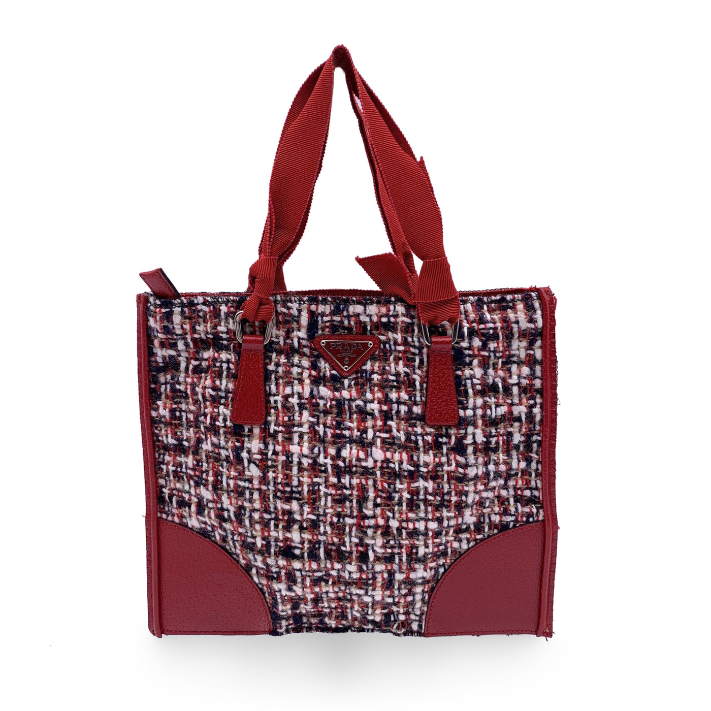 Prada Red Tweed and Leather Small Flat Tote Handbag Satchel