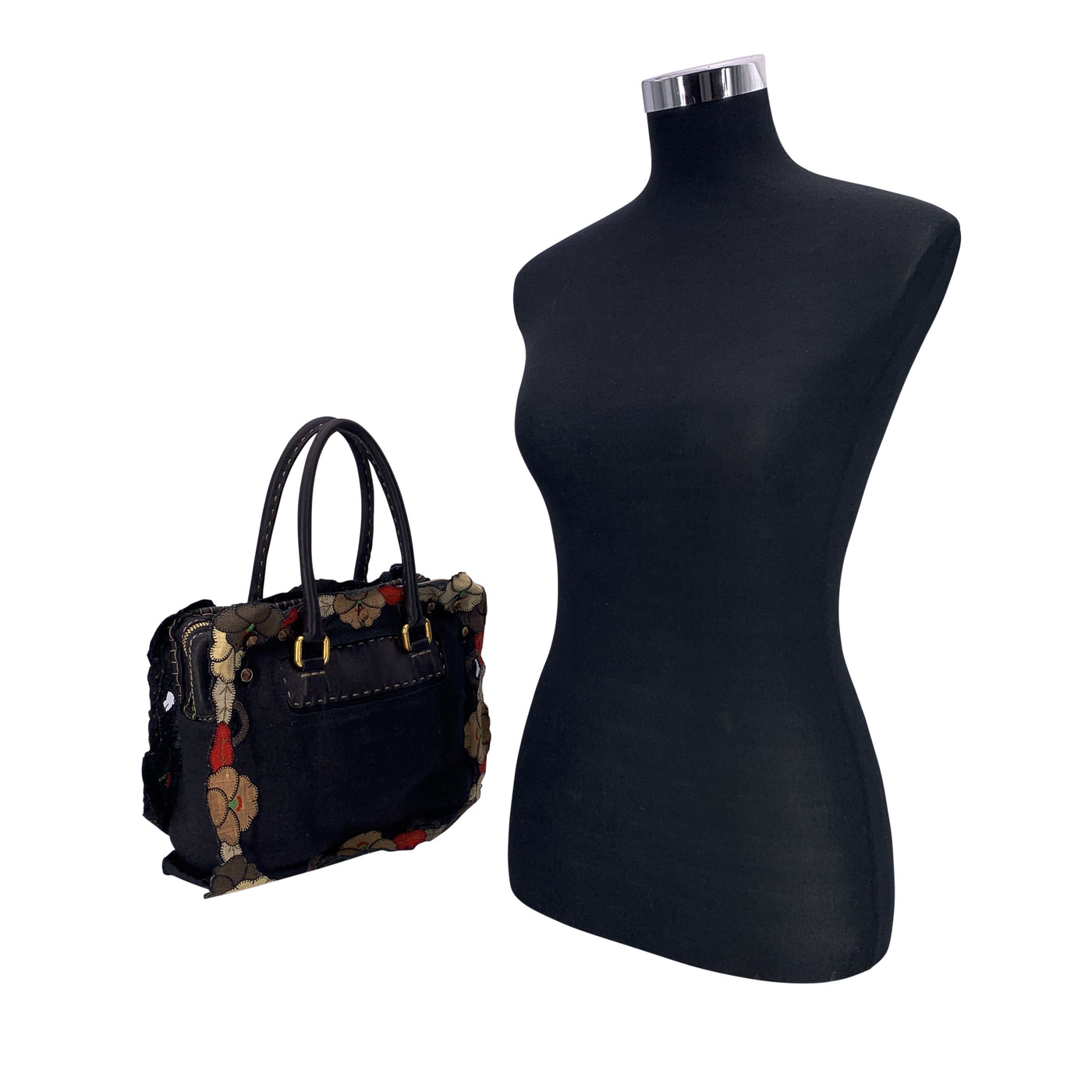 Fendi Black Canvas and Leather Floral Applique Satchel Handbag