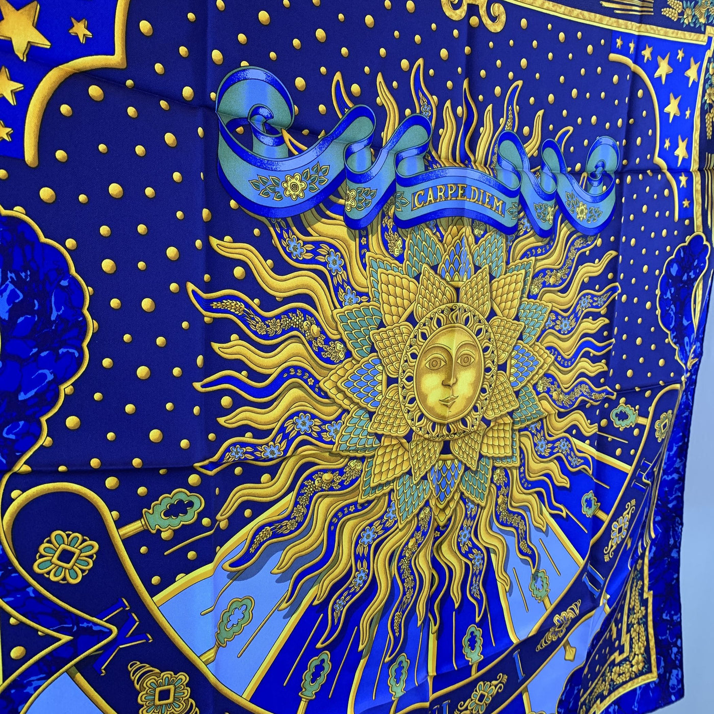 Hermes Vintage Blue Silk Scarf Carpe Diem 1994 Joachim Metz
