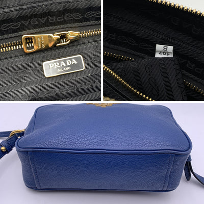 Prada Blue Vitello Phenix Leather Crossbody Messenger Camera Bag