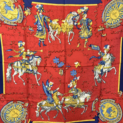 Hermes Vintage Red and Blue Silk Puzzle Scarf 1990 Joachim Metz