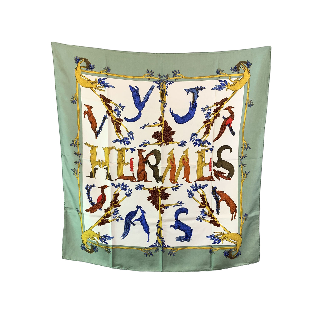 Hermes Vintage Silk Scarf Alphabet III 1990 Annie Faivre Light Green