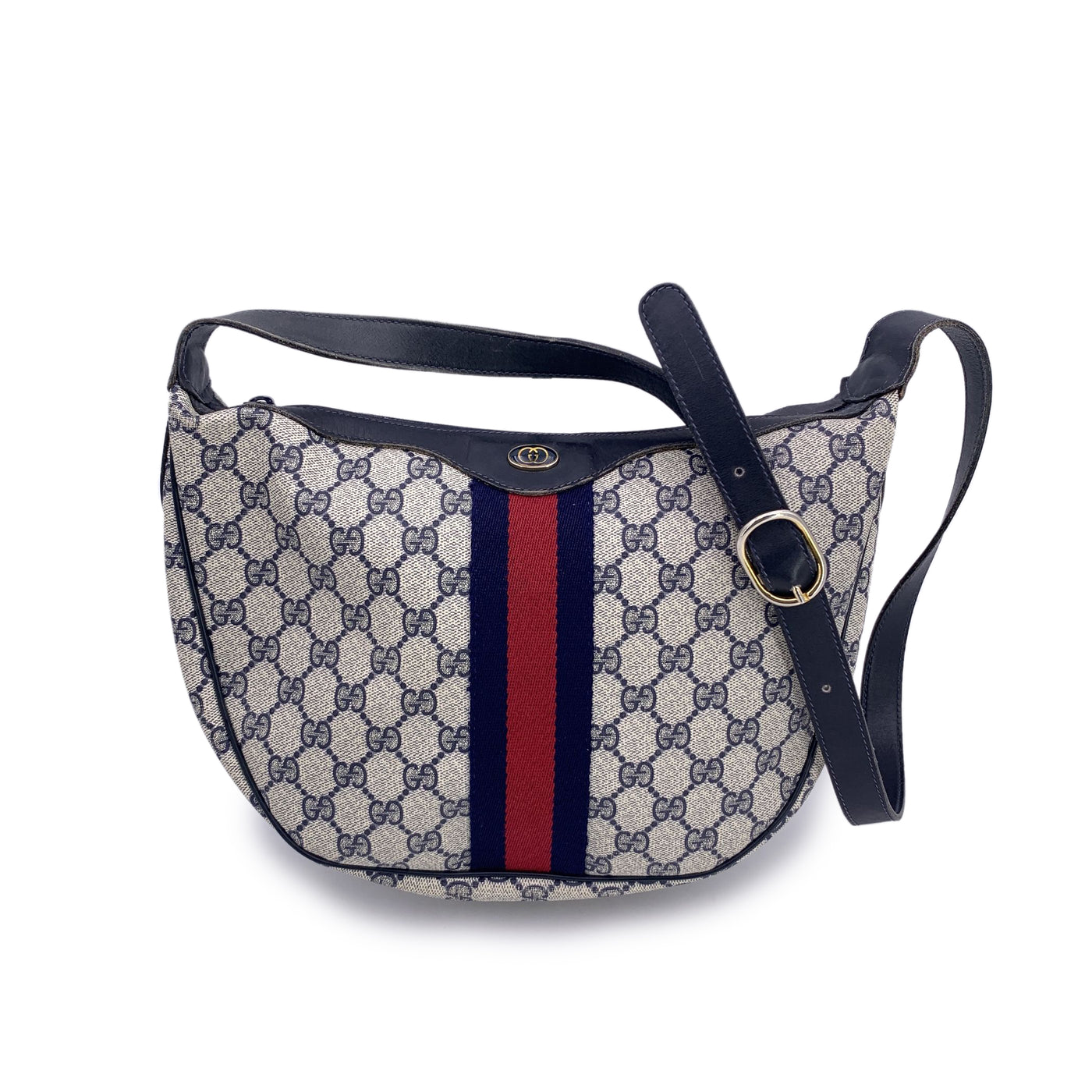 Gucci Vintage Navy Blue Monogram Canvas Rounded Shoulder Bag