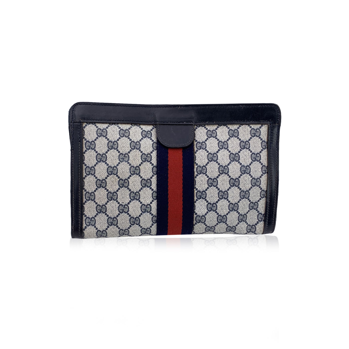 Gucci Vintage Blue Monogram Canvas Cosmetic Bag Clutch Stripes