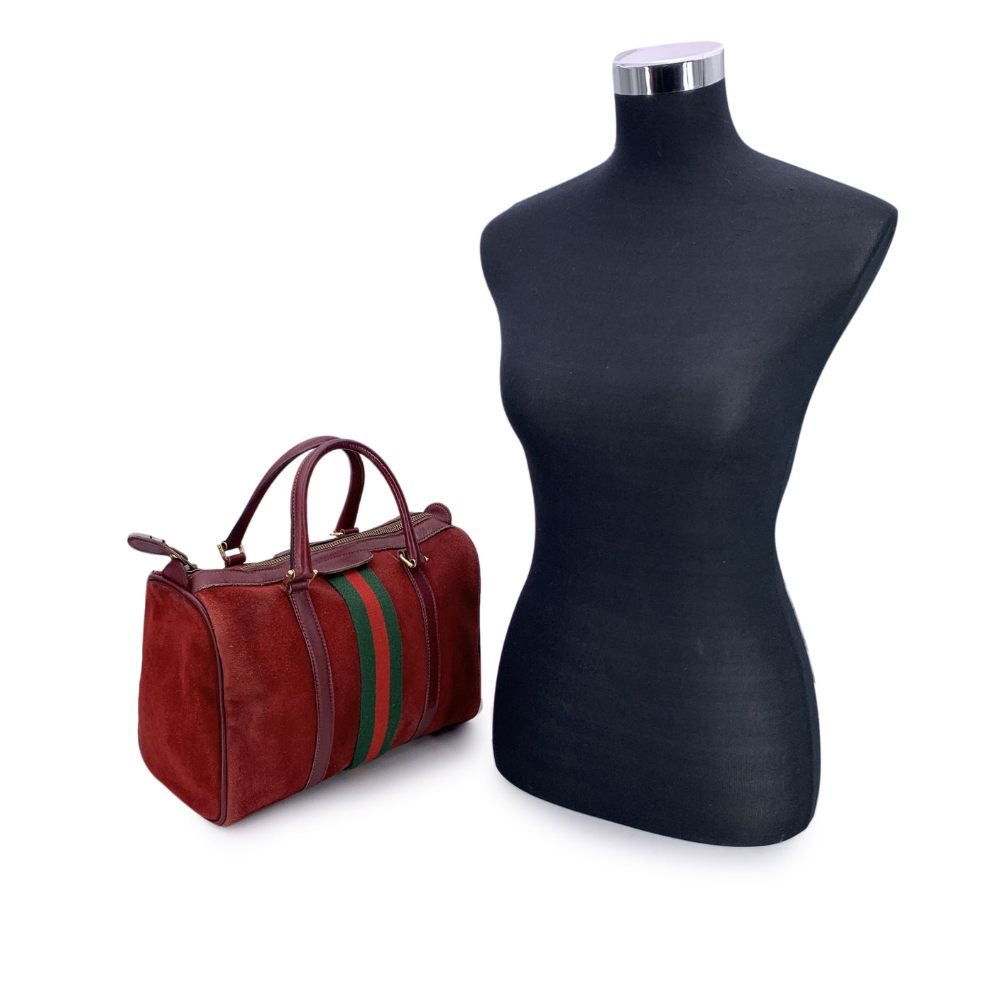 Gucci Vintage Burgundy Suede Web Stripes Boston Bag Handbag
