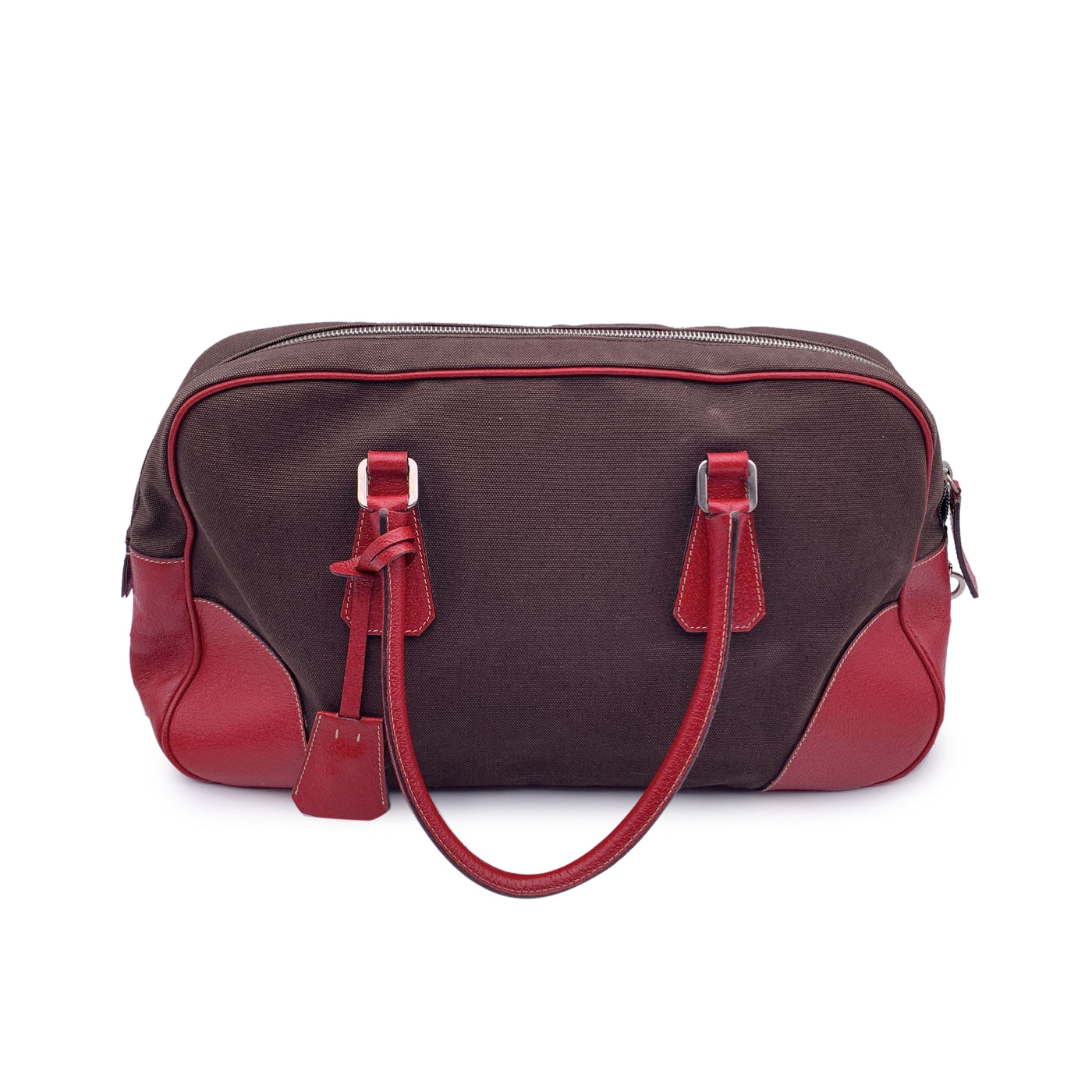 Prada Vintage Brown and Red Leather Bowling Bag Satchel B10804