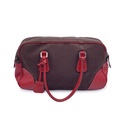 Prada Vintage Brown and Red Leather Bowling Bag Satchel B10804
