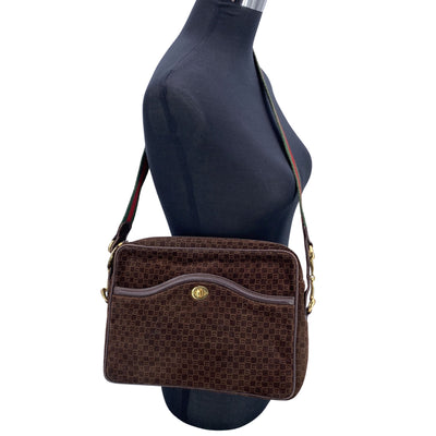 Gucci Vintage Brown Monogram Suede Web Shoulder Bag