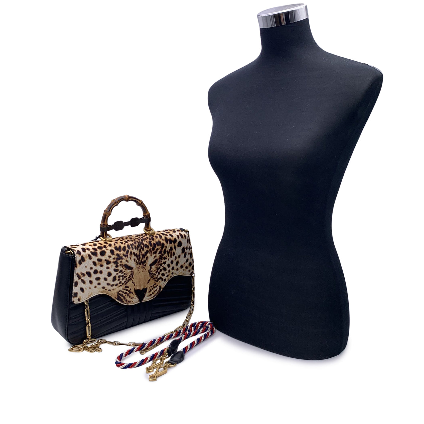 Gucci Black Leather Leopard Print Calf Hair Bamboo Top Handle Bag