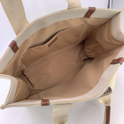 Chloe Beige Linen Canvas and Leather Large Woody Tote Bag