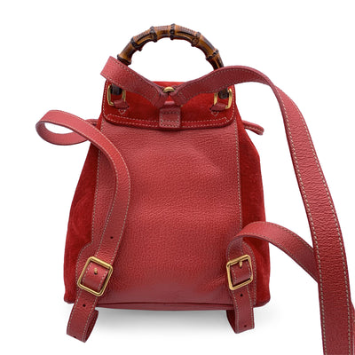 Gucci Vintage Red Suede Bamboo Small Backpack Shoulder Bag