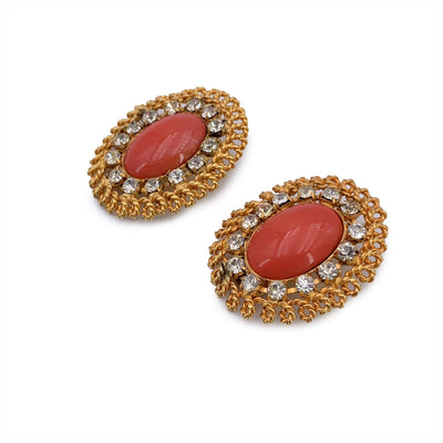 Gianfranco Ferre Vintage Gold Metal Oval Cabochon Clip On Earrings