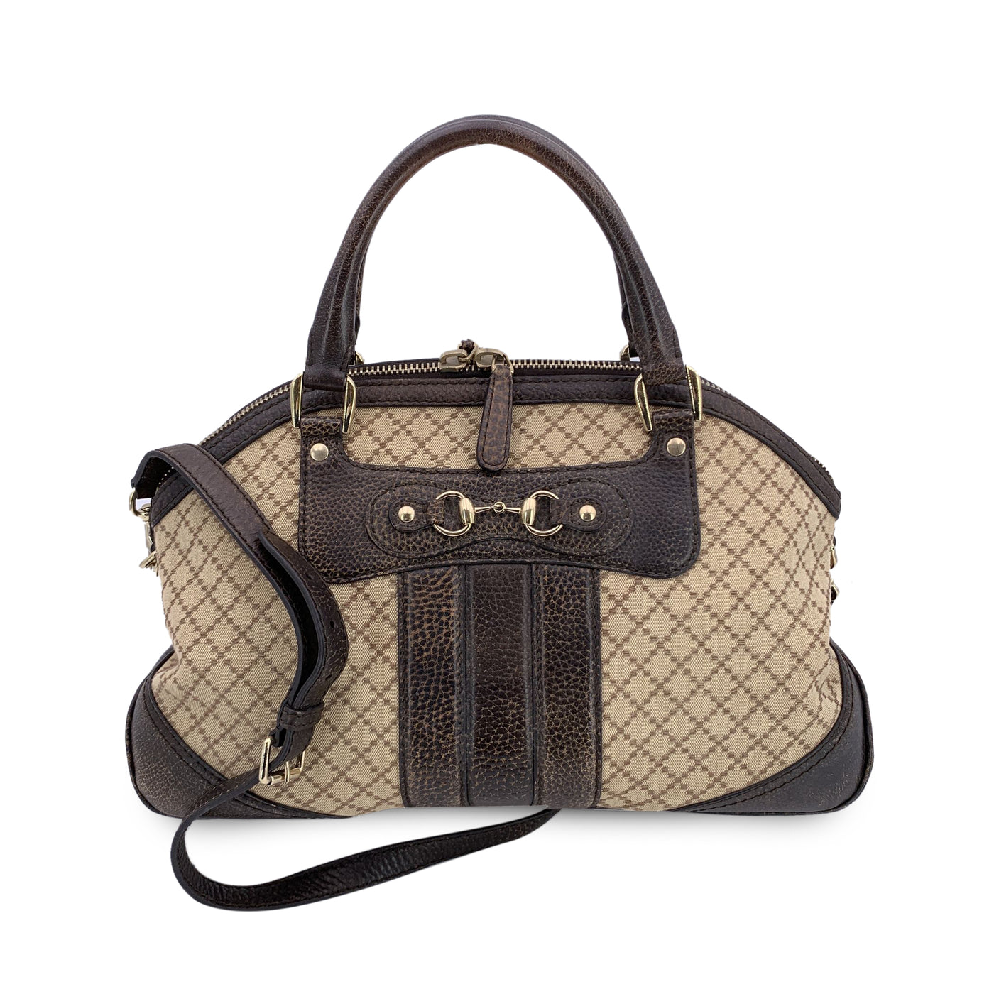Gucci Beige Brown Diamante Canvas Horsebit Catherine Satchel Bag