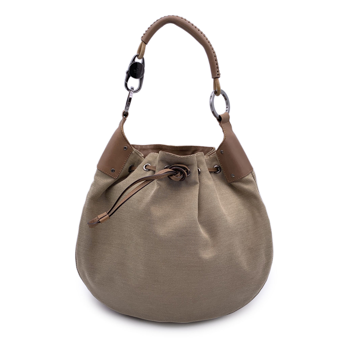 Gucci Beige Canvas Leather Drawstring Hobo Bag Shoulder Bag Tote