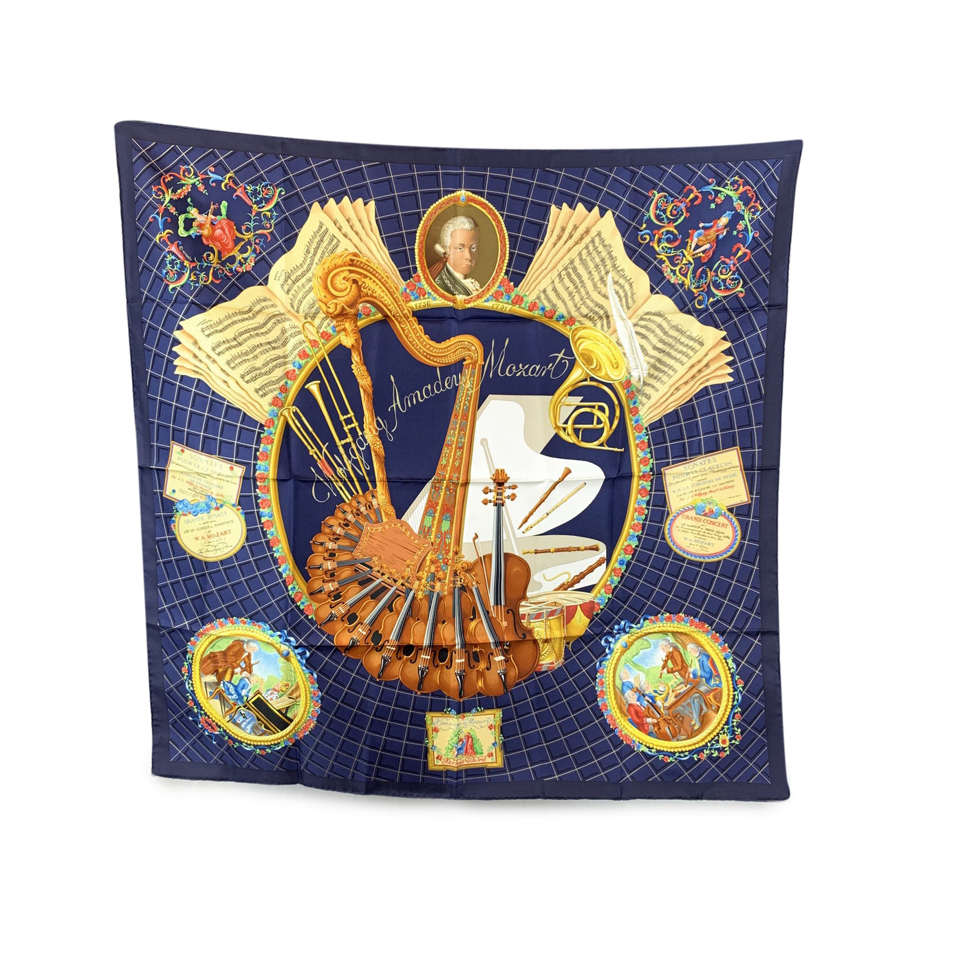 Hermes Vintage Blue Silk Scarf Hommage a Mozart 1991 Julie Abadie