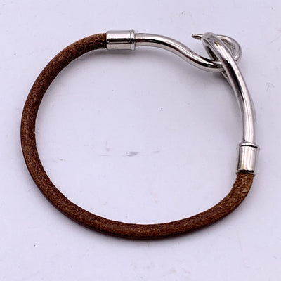 Hermes Light Brown Leather Silver Metal Jumbo Hook Bracelet