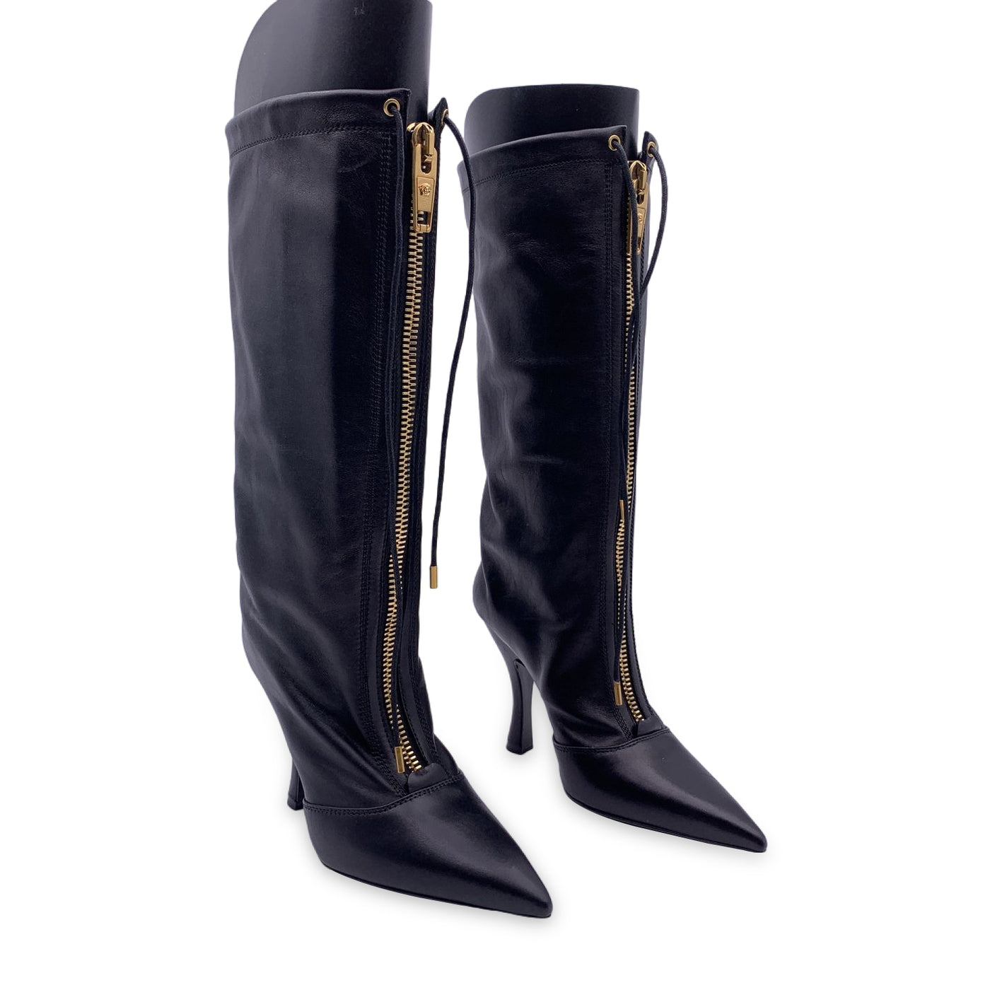 Versace Black Leather Heeled Boots with Central Zip Size 36