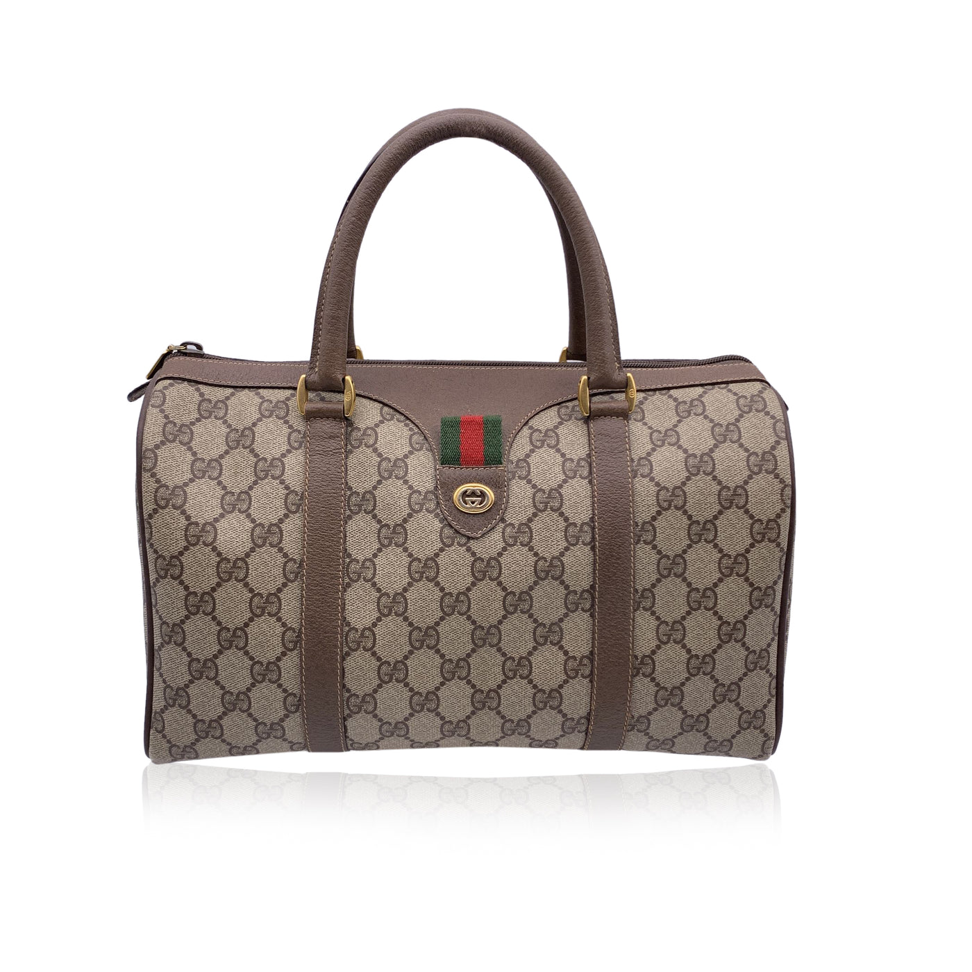 Gucci Vintage Beige Monogram Canvas Leather Web Boston Bag