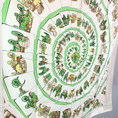 Hermes Vintage White Green Silk Scarf Carrosserie1975 Ledoux