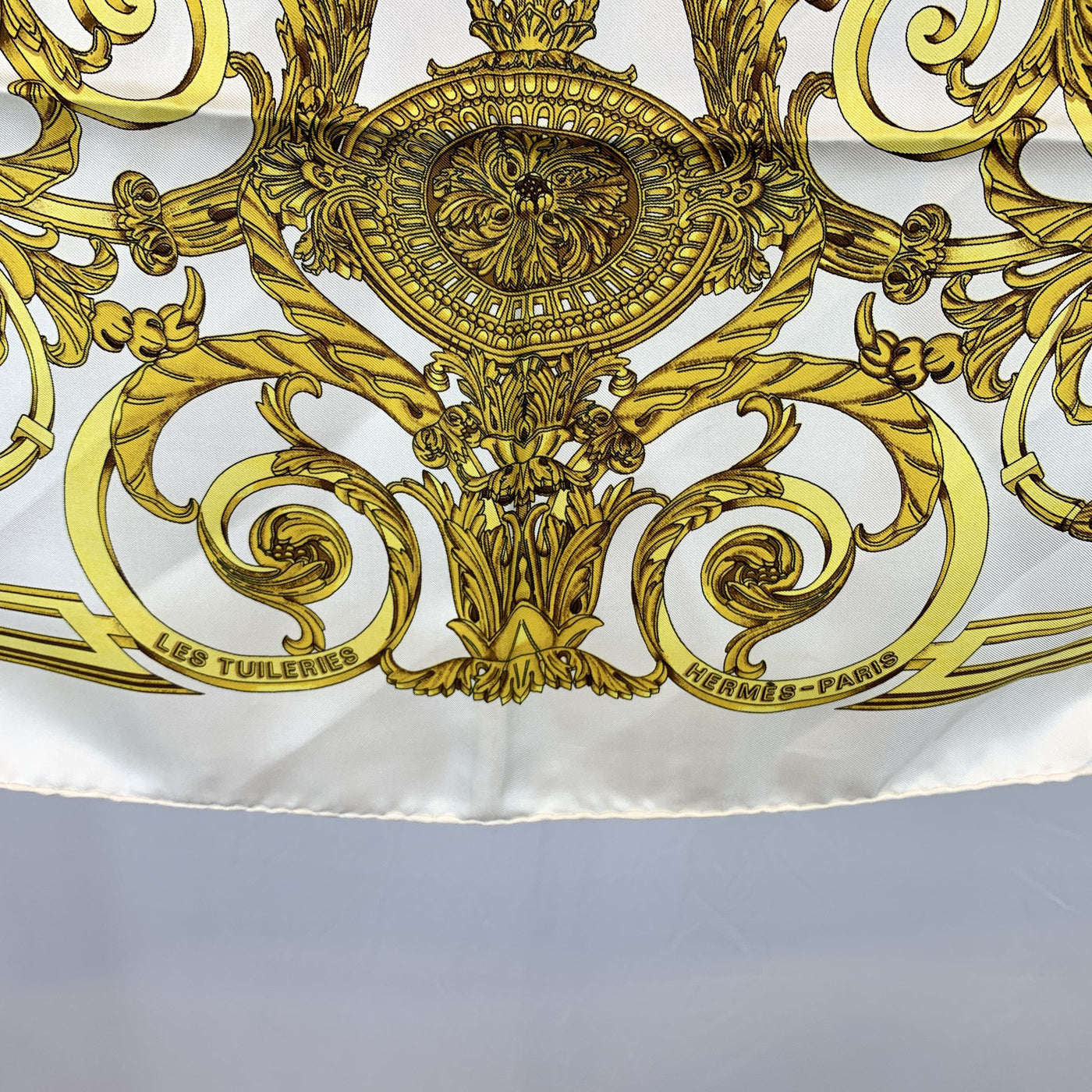 Hermes Vintage White Silk Les Tuileries Scarf 1990 Joachim Metz