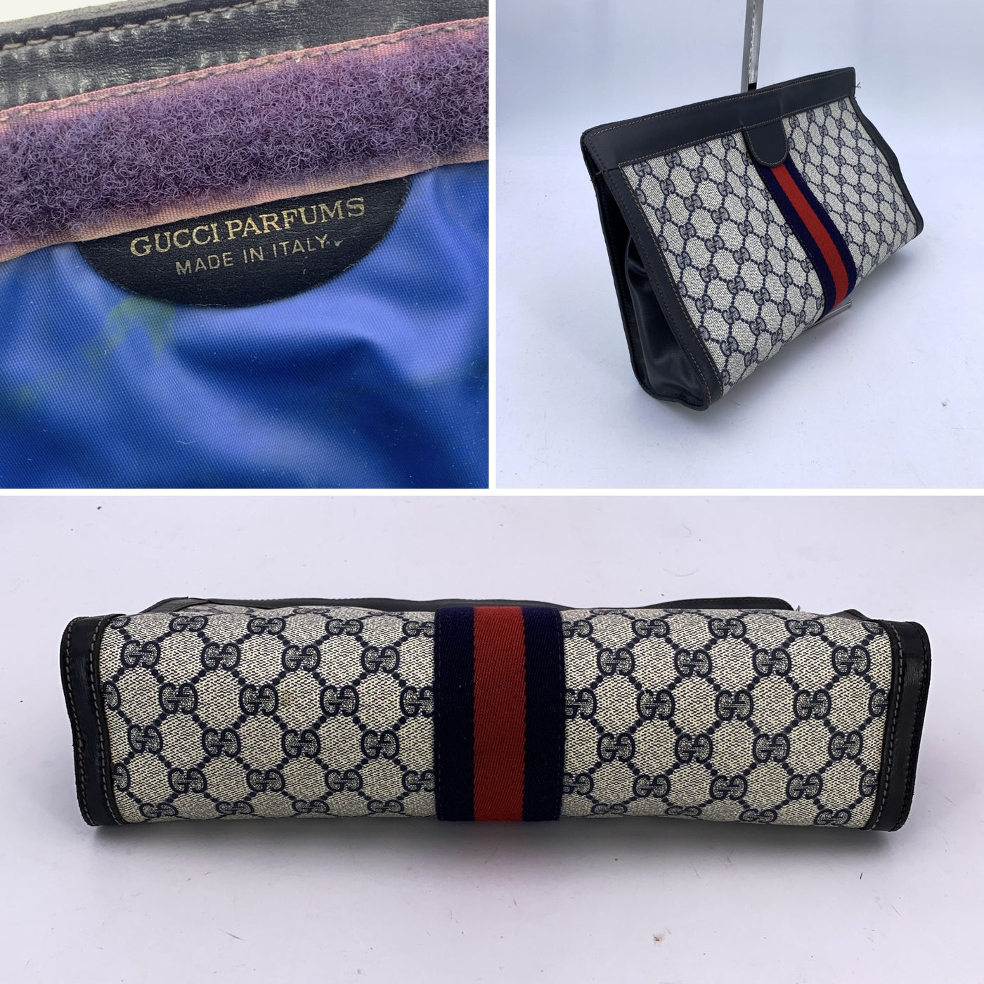 Gucci Vintage Blue Monogram Cosmetic Bag Large Clutch with Stripes
