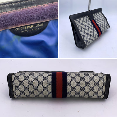 Gucci Vintage Blue Monogram Cosmetic Bag Large Clutch with Stripes