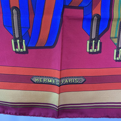 Hermes Vintage Silk Scarf Les Sangles Belts 1985 Metz Magenta