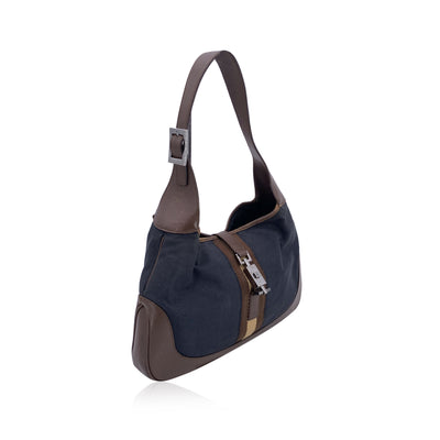 Gucci Black Canvas Brown Leather Jackie Hobo Bag Handbag
