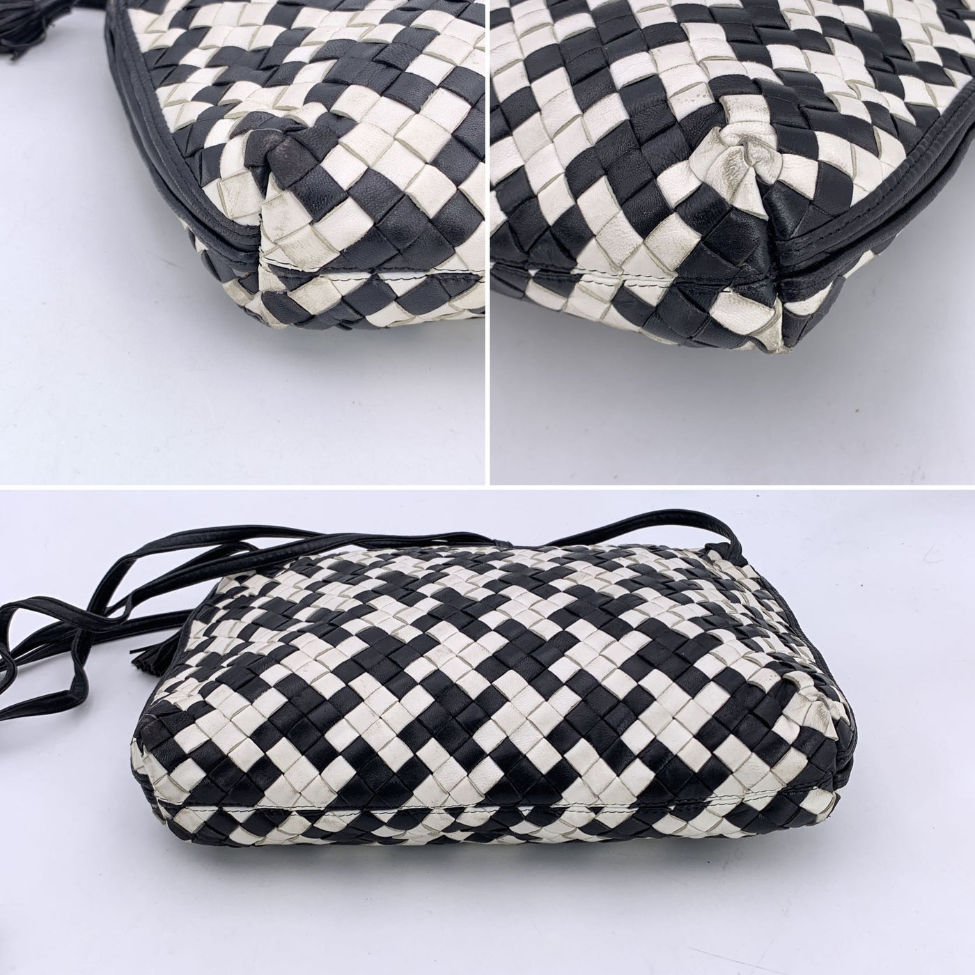 Bottega Veneta Black White Intrecciato Woven Nodini Crossbody Bag