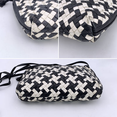 Bottega Veneta Black White Intrecciato Woven Nodini Crossbody Bag
