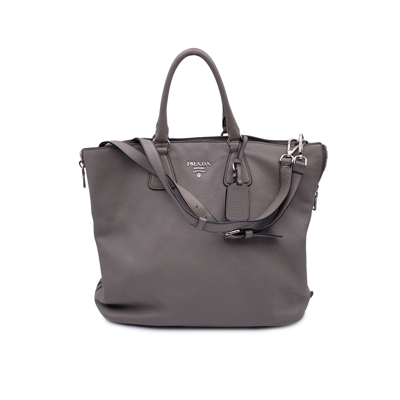 Prada Grey Taupe Leather Tote Satchel Bag with Strap BN2419