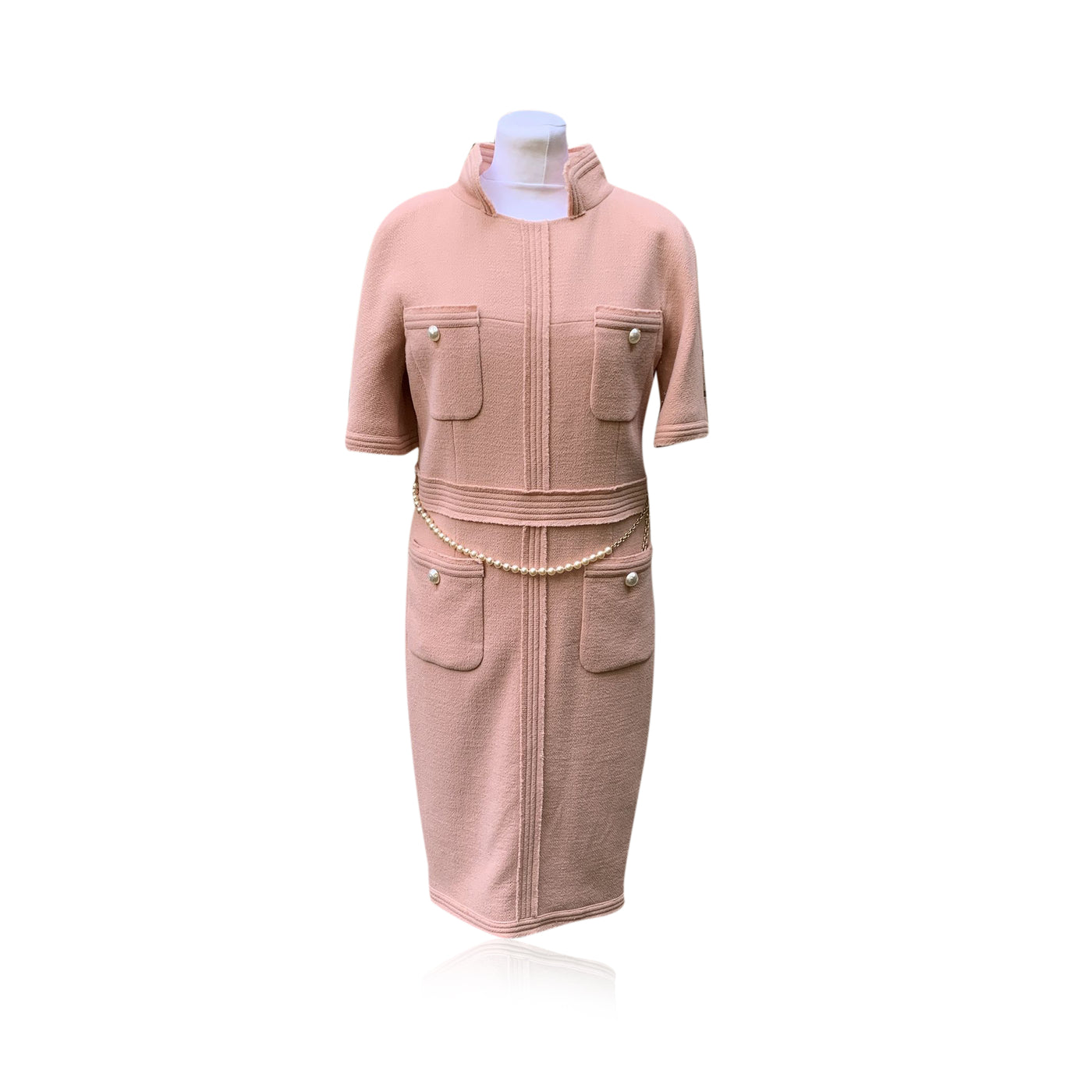 Chanel 2012 Baby Pink Tweed Midi Dress with Pearl Belt Size 38 FR