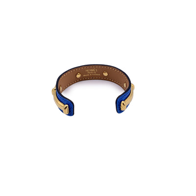 Hermes Blue Leather and Gold Metal Agatha Cuff Bracelet