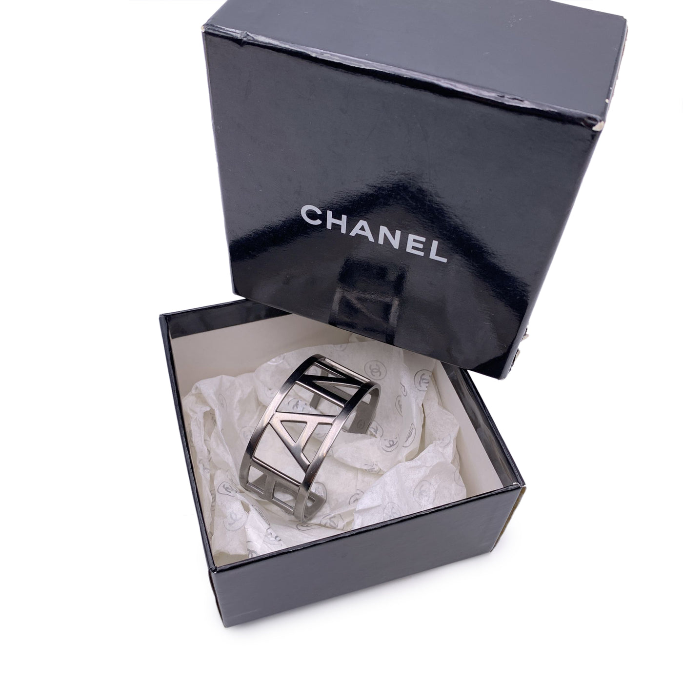 Chanel Silver Metal Logo Letter Cuff Bangle Bracelet