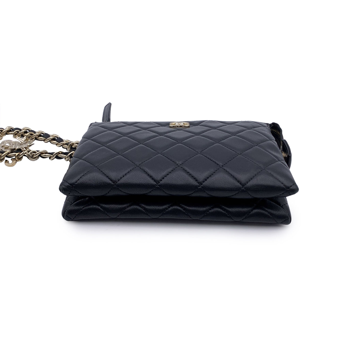 Chanel 2021 Black Quilted Leather Pouch Coco Charms Clutch Bag