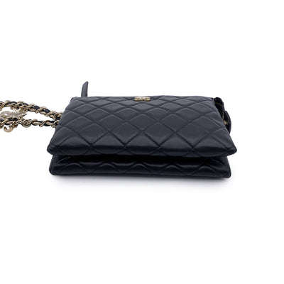 Chanel 2021 Black Quilted Leather Pouch Coco Charms Clutch Bag