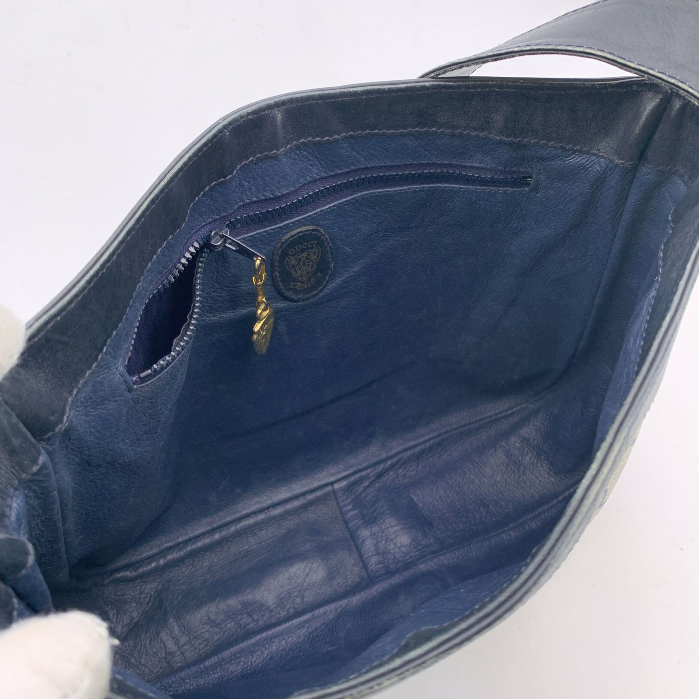 Gucci Vintage Navy Blue Monogram Canvas Shoulder Bag Tote