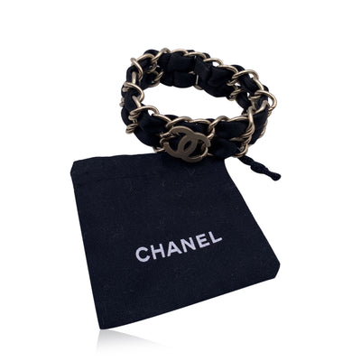 Chanel Gold Metal and Black Ribbon Double Chain CC Logo Bracelet