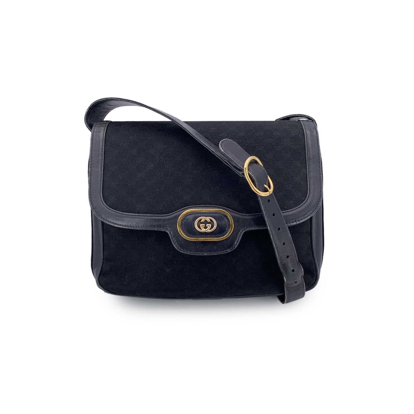 Gucci Vintage Black Monogram Canvas and Leather Shoulder Bag