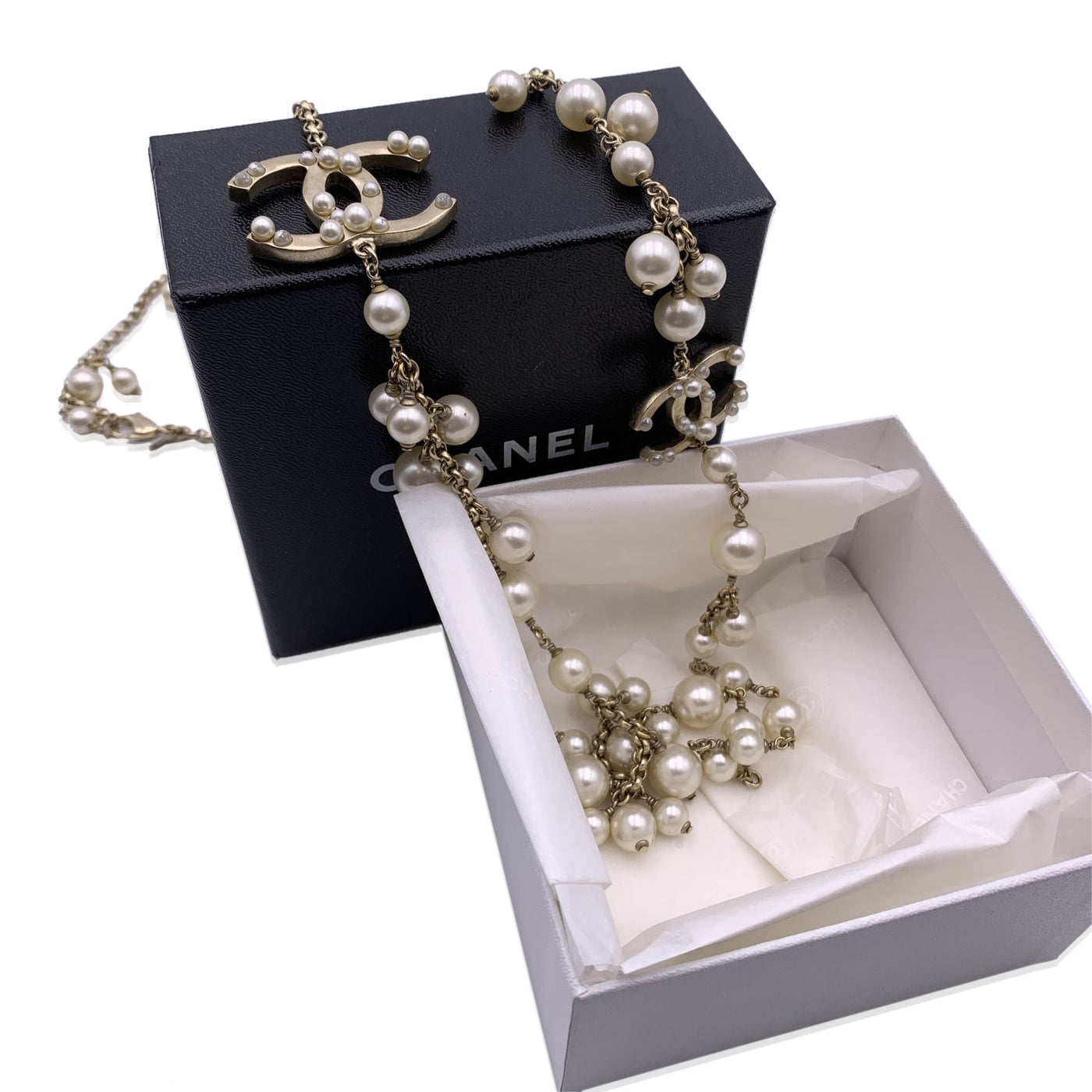 Chanel Light Gold Metal CC Logo Chain Long Necklace Pearls Beads