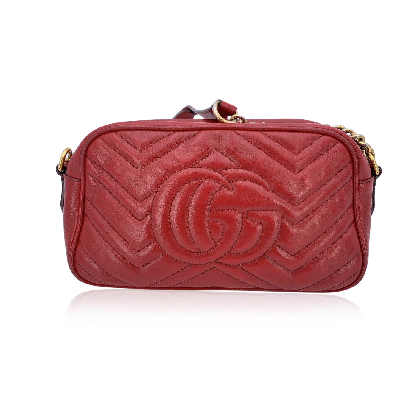 Gucci Red Leather Small GG Marmont Matelassè Camera Shoulder Bag