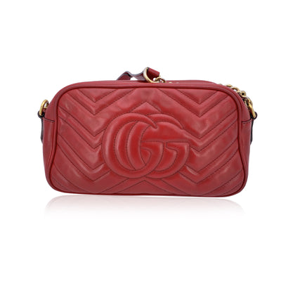 Gucci Red Leather Small GG Marmont Matelassè Camera Shoulder Bag