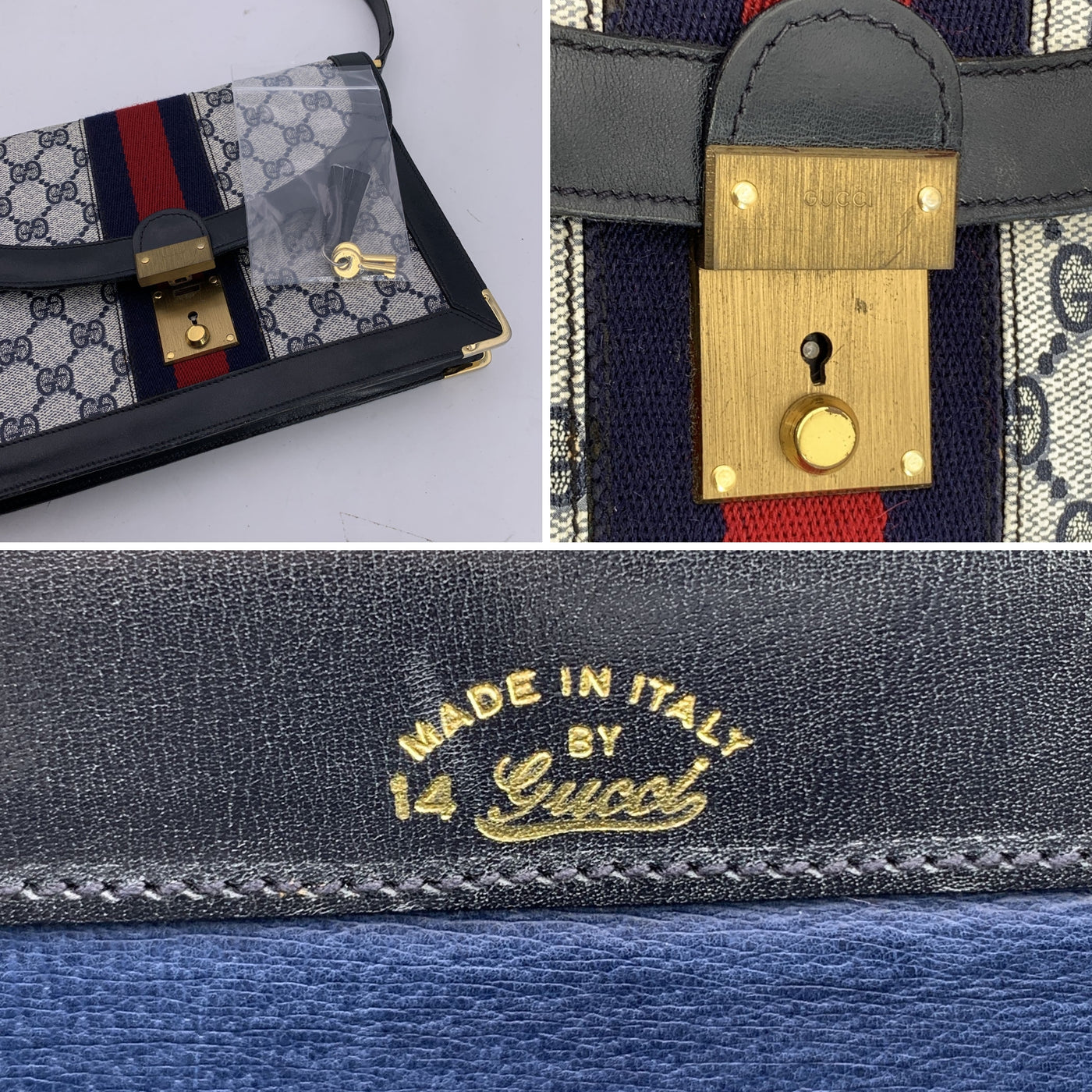 Gucci Vintage Blue Monogram Gussetted Flap Shoulder Bag with Stripes