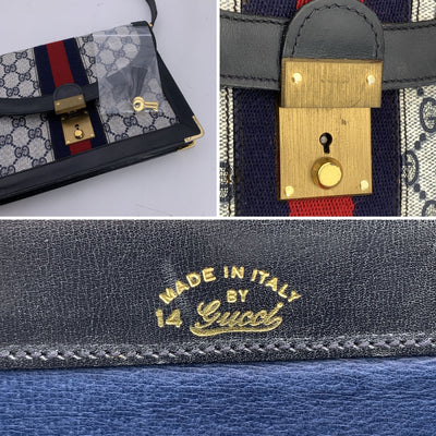 Gucci Vintage Blue Monogram Gussetted Flap Shoulder Bag with Stripes