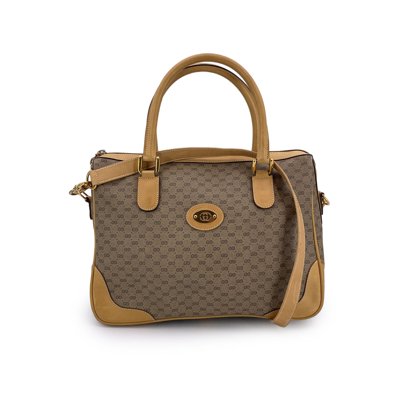 Gucci Vintage Beige Monogram Canvas Satchel Bag with Strap