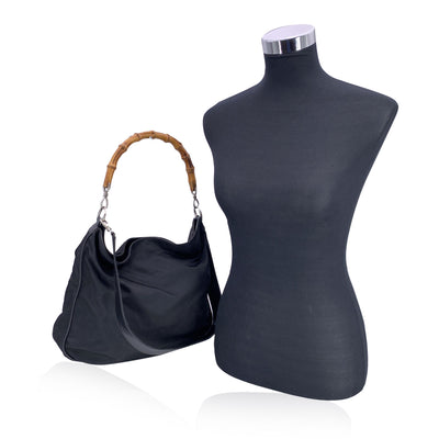 Gucci Vintage Black Nylon Hobo Shoulder Bag Tote Bamboo Handle