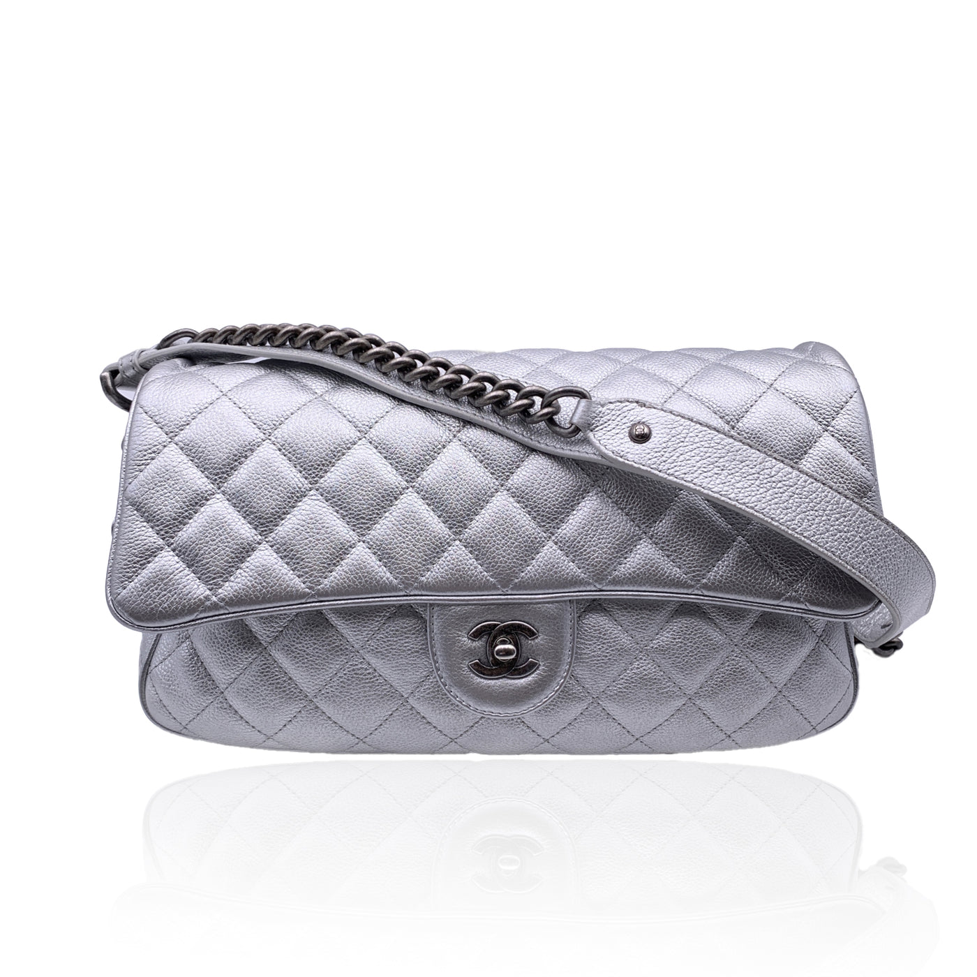 Chanel 2016 Silver Quilted Leather Airline Easy Flap Shoulder Bag